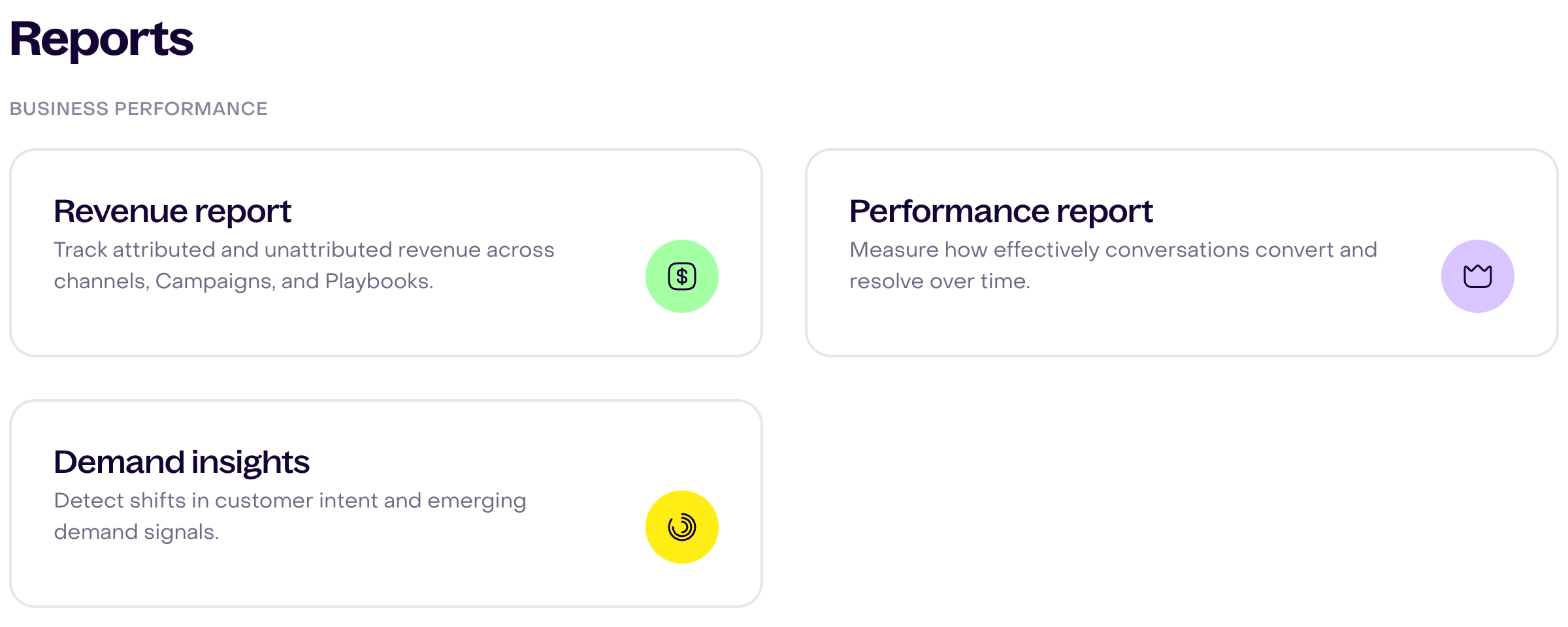 Business Performance group with Revenue report, Performance report, and Demand insights cards.